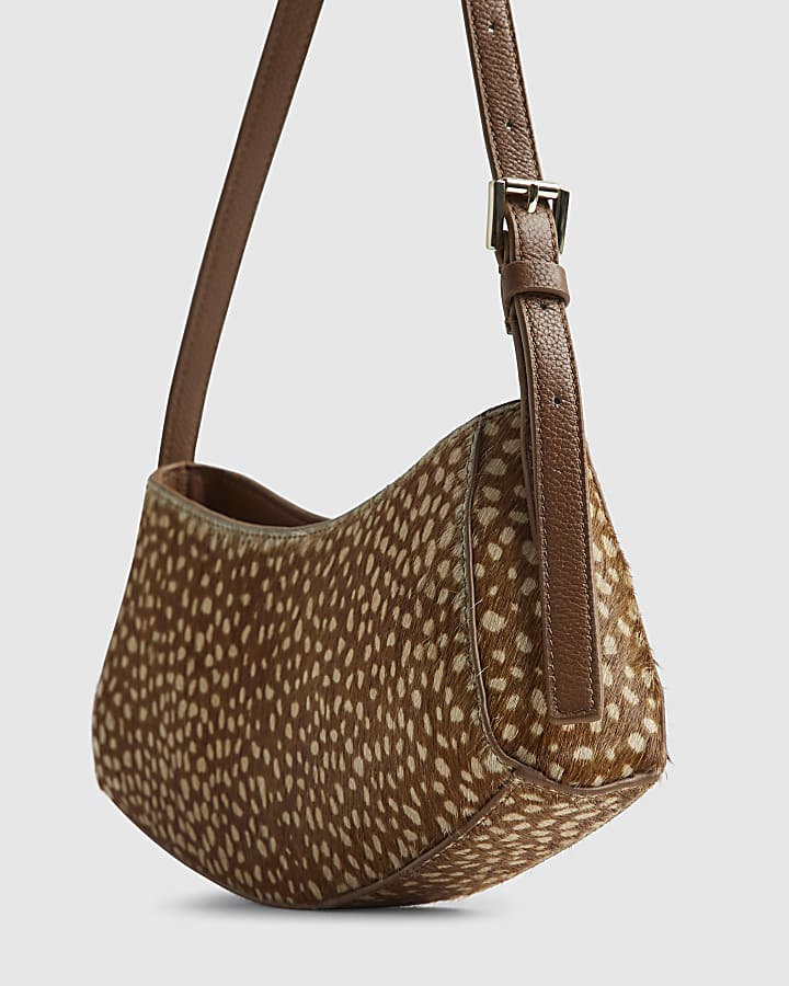 Beige Leather Spot Print Curved Shoulder Bag