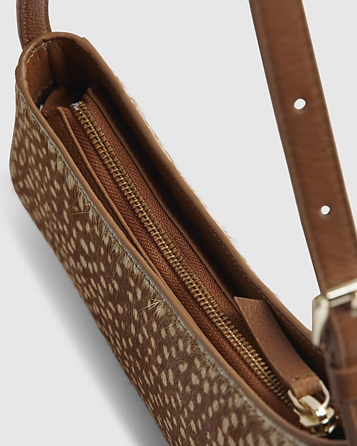 Beige Leather Spot Print Curved Shoulder Bag