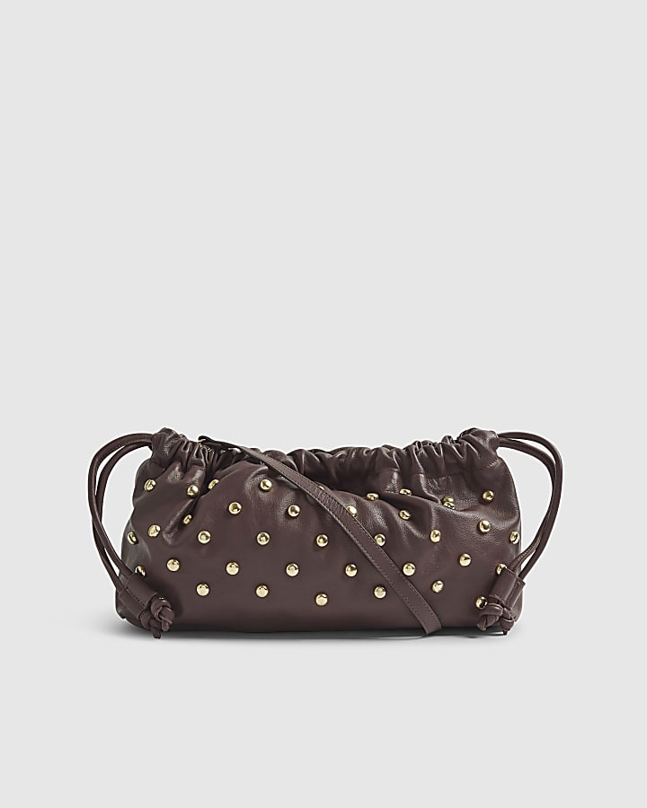 Red Leather Studded Crossbody Clutch Bag