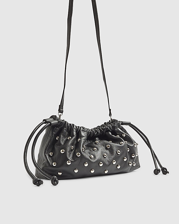 Black Leather Studded crossbody Clutch bag