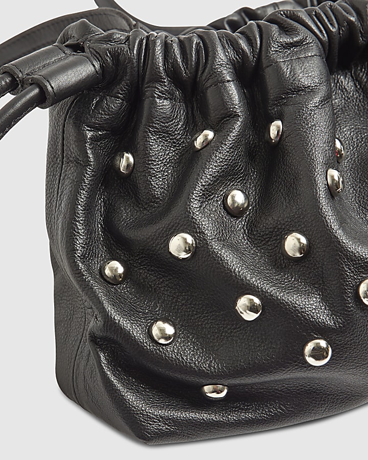 Black Leather Studded crossbody Clutch bag