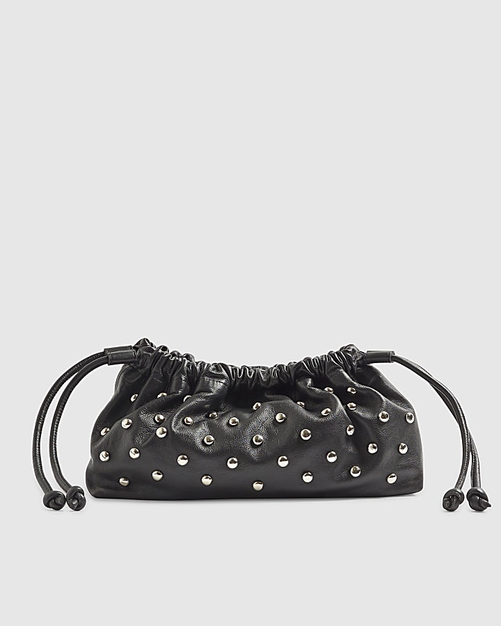 Black Leather Studded crossbody Clutch bag