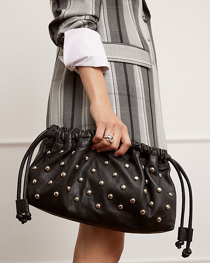 Black Leather Studded crossbody Clutch bag