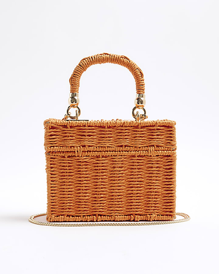 Orange Raffia Clutch Box Bag