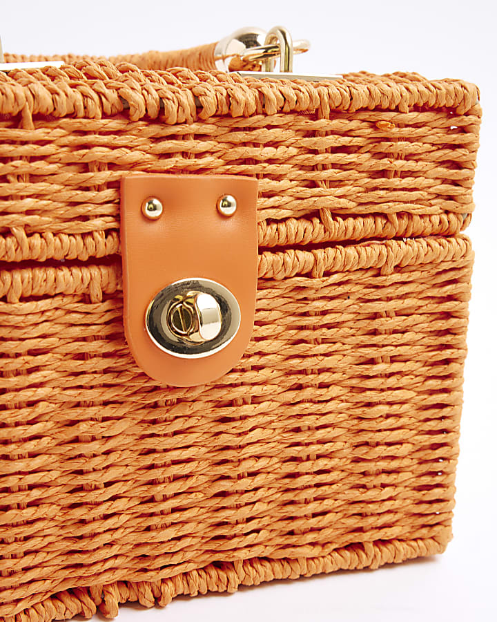 Orange Raffia Clutch Box Bag