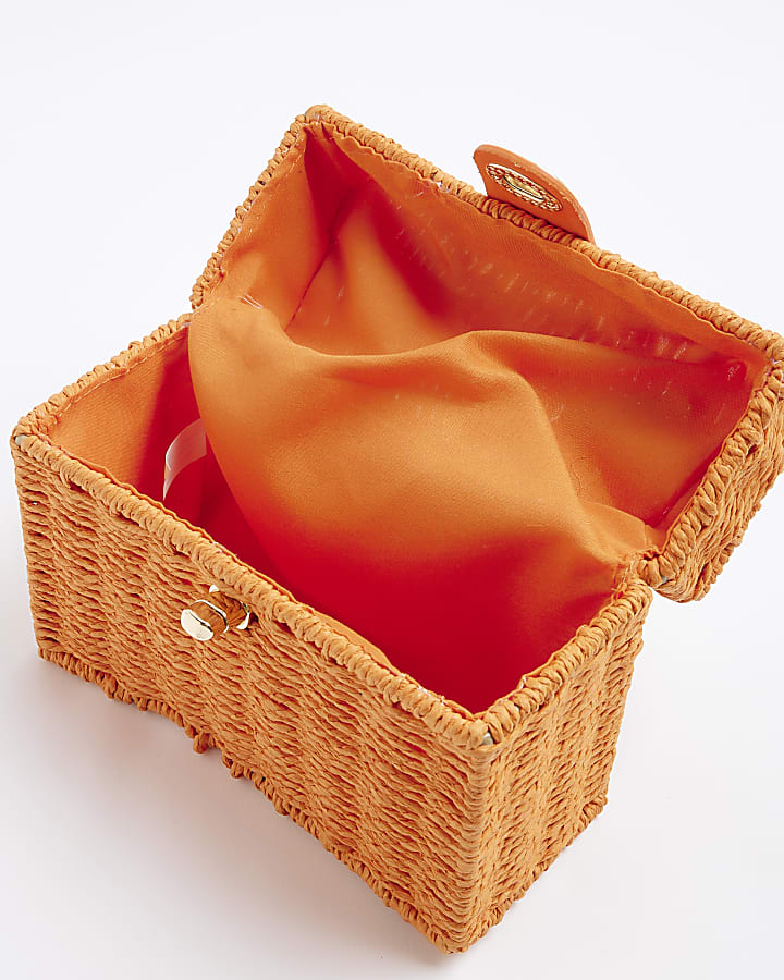 Orange Raffia Clutch Box Bag