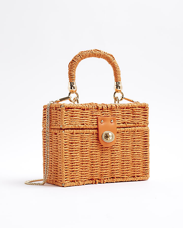 Orange Raffia Clutch Box Bag