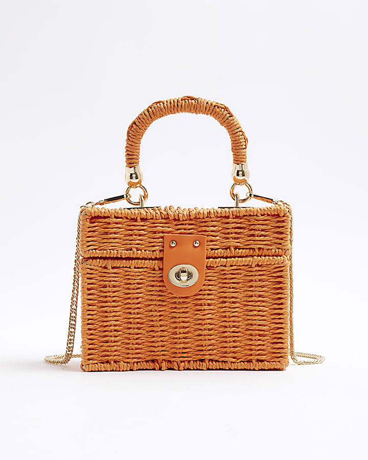 Orange Raffia Clutch Box Bag