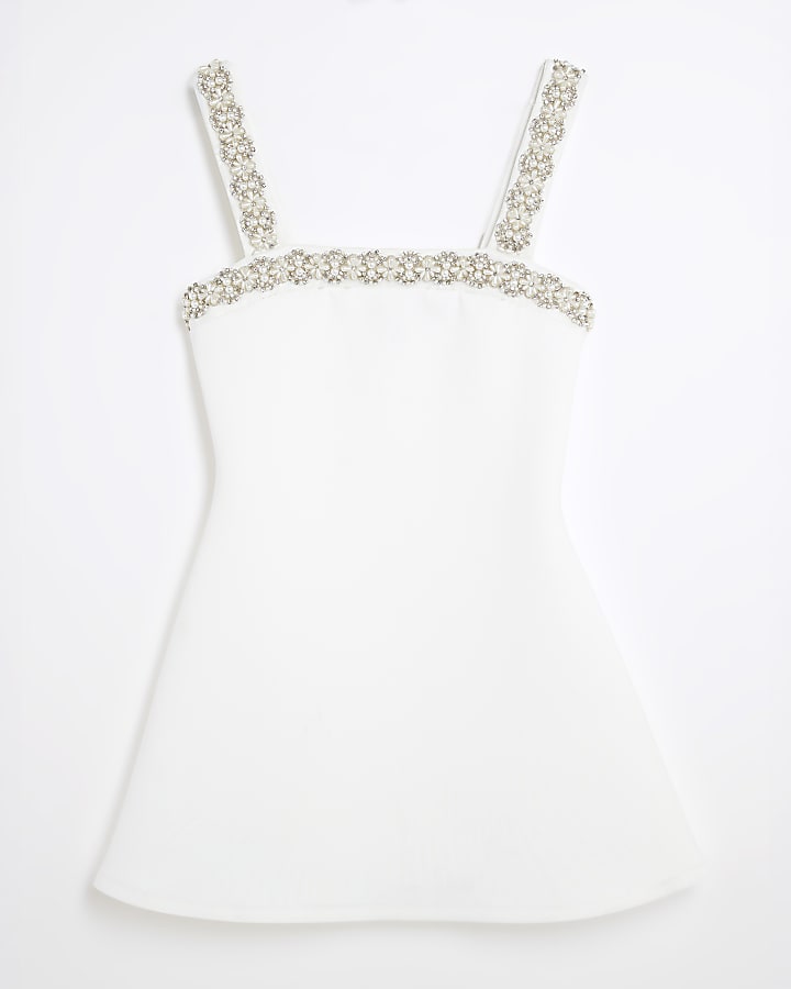 White Embellished Trim Shift Mini Dress