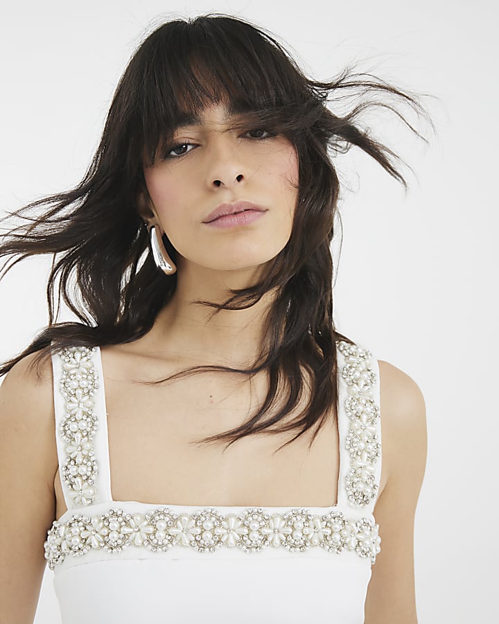 White Embellished Trim Shift Mini Dress