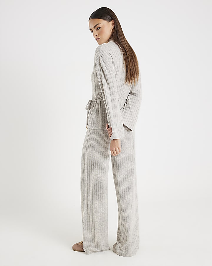Beige Tie Waist Wide Ribbed Lounge Set