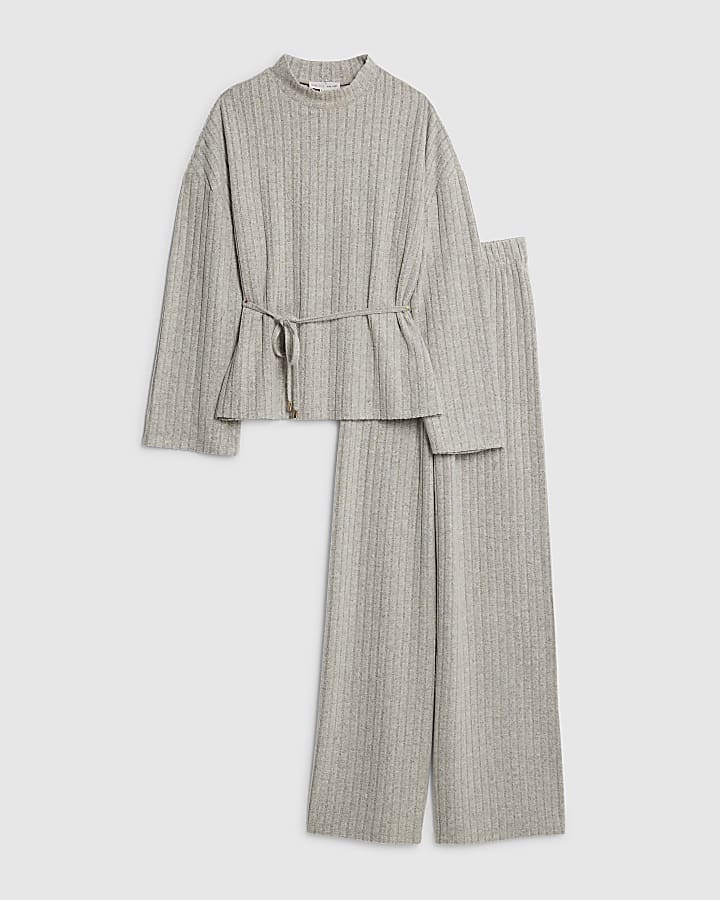 Beige Tie Waist Wide Ribbed Lounge Set