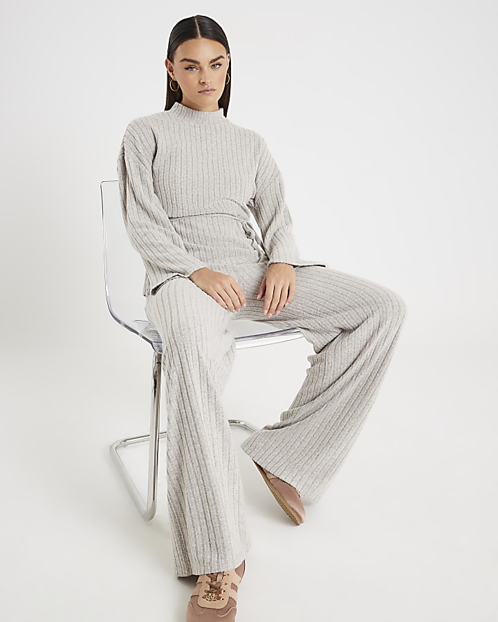 Beige Tie Waist Wide Ribbed Lounge Set