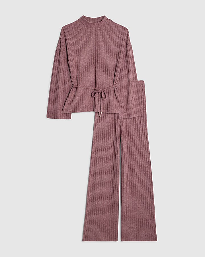 Pink Tie Waist Ribbed Cosy Lounge Set