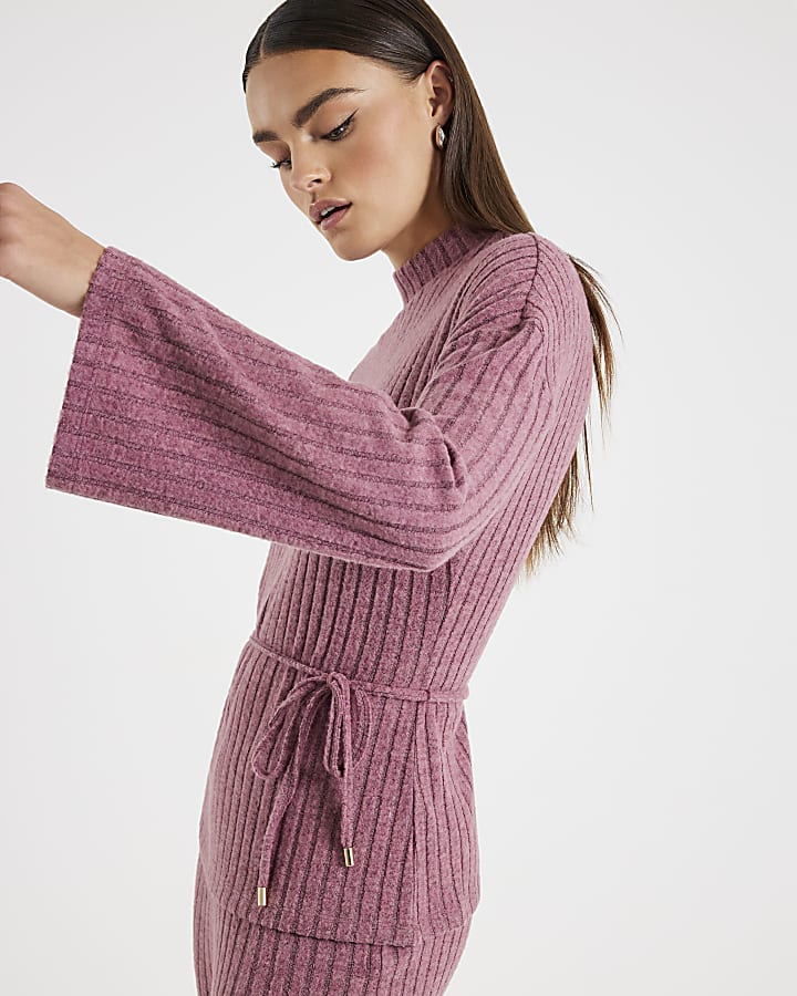 Pink Tie Waist Ribbed Cosy Lounge Set