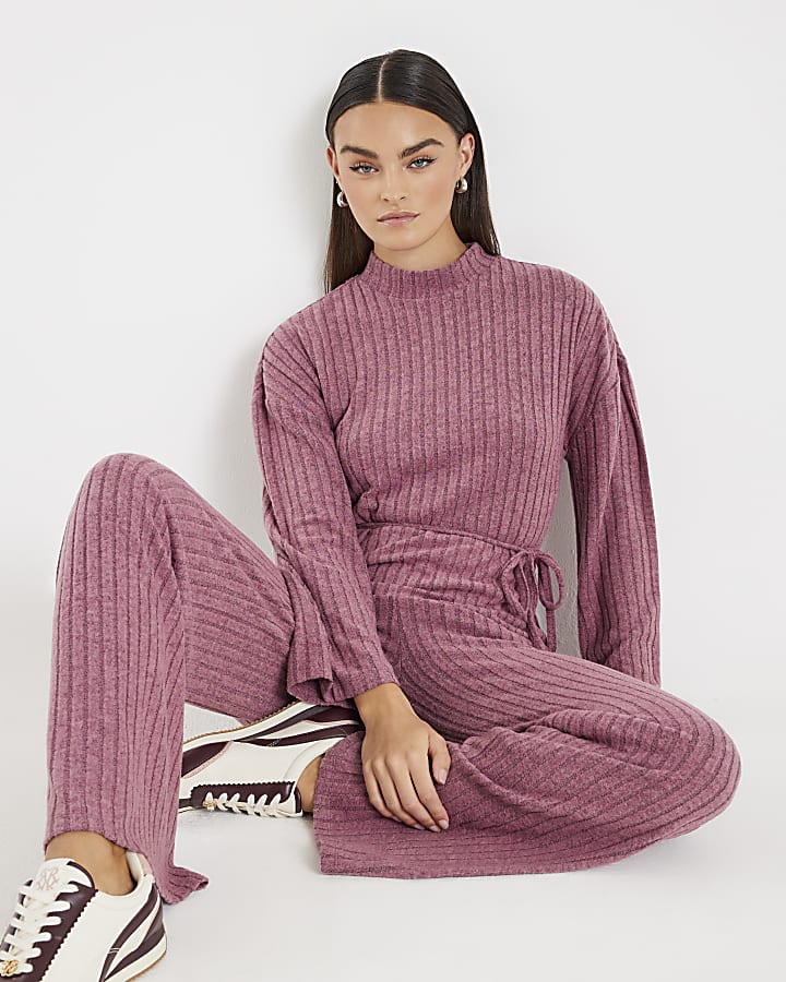 Pink Tie Waist Ribbed Cosy Lounge Set