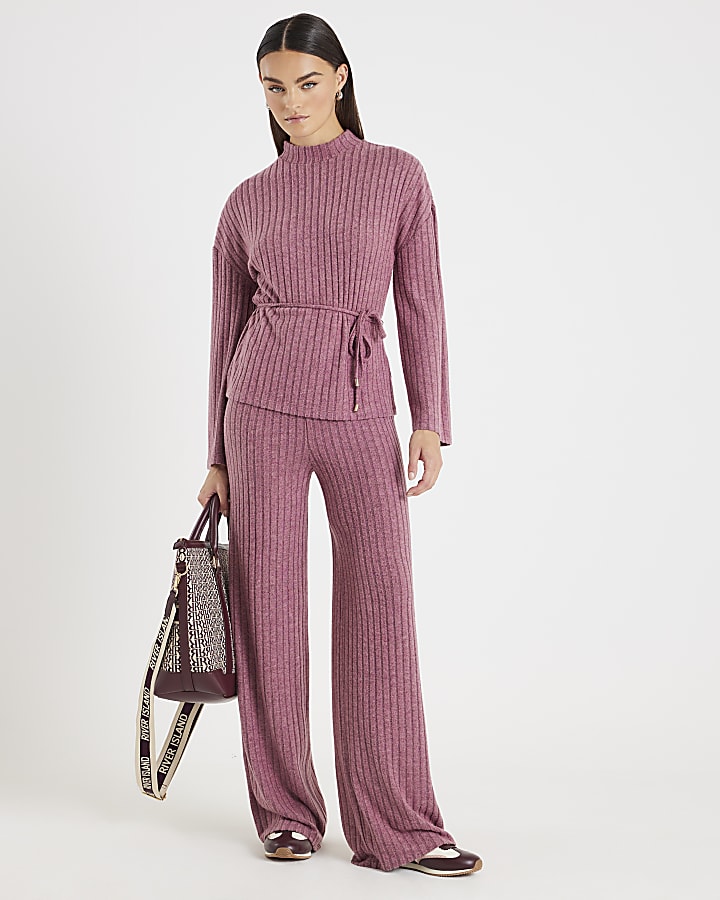 Pink Tie Waist Ribbed Cosy Lounge Set