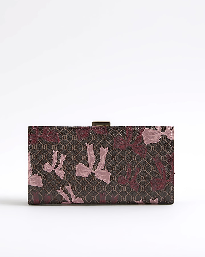 Brown Bow Monogram Print Clip Top Purse