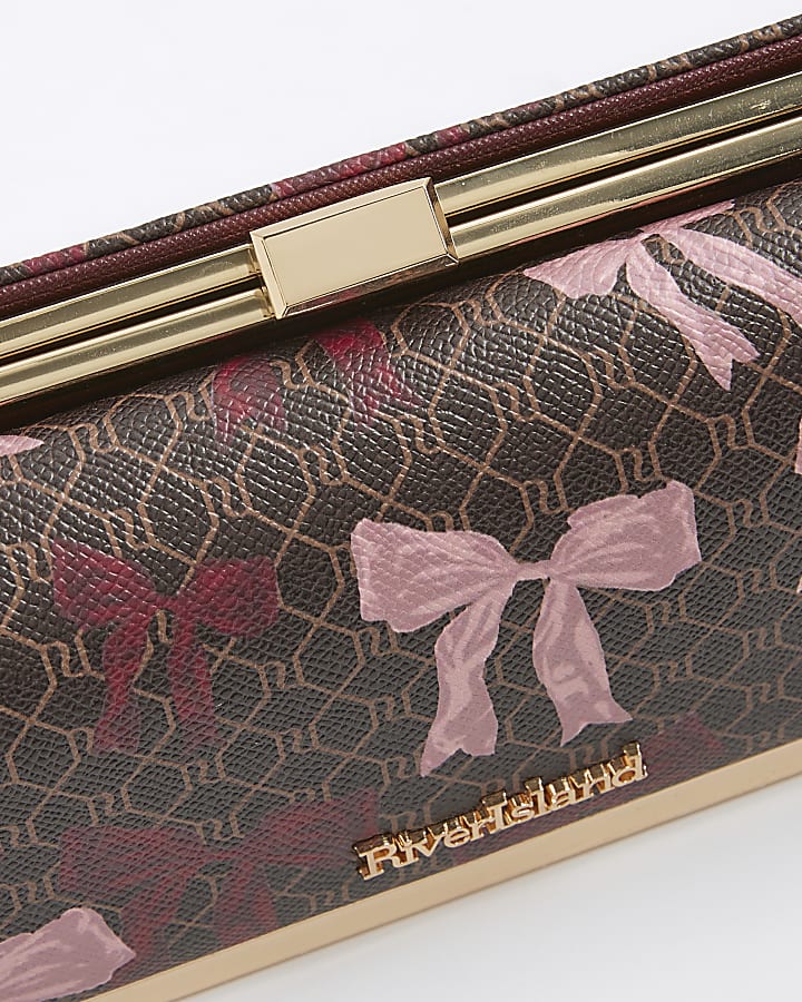 Brown Bow Monogram Print Clip Top Purse