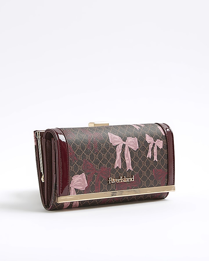 Brown Bow Monogram Print Clip Top Purse