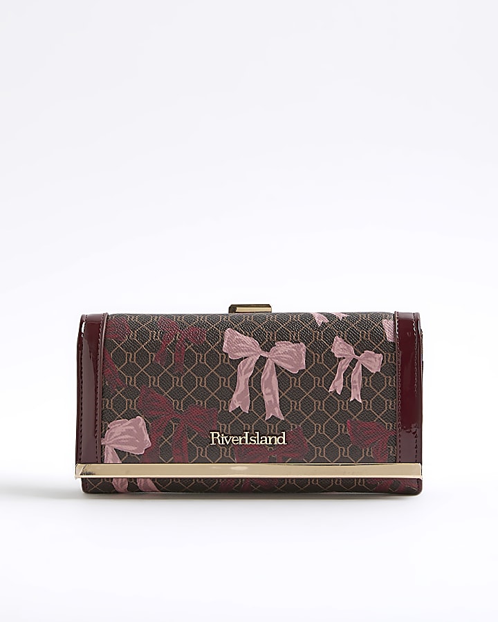 Brown Bow Monogram Print Clip Top Purse