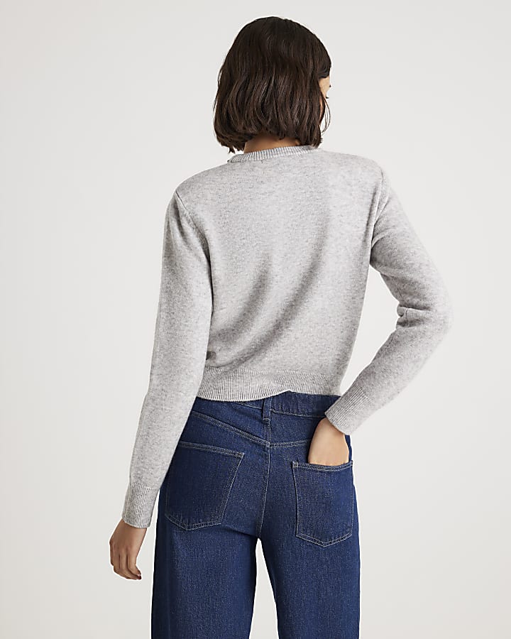 Grey Knitted Crew Neck Embellished Jumper