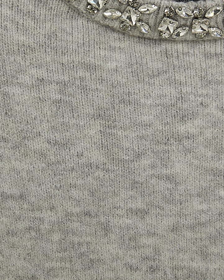 Grey Knitted Crew Neck Embellished Jumper
