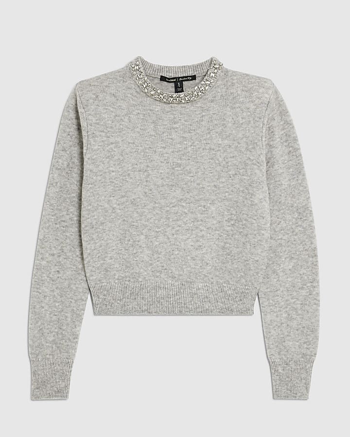 Grey Knitted Crew Neck Embellished Jumper