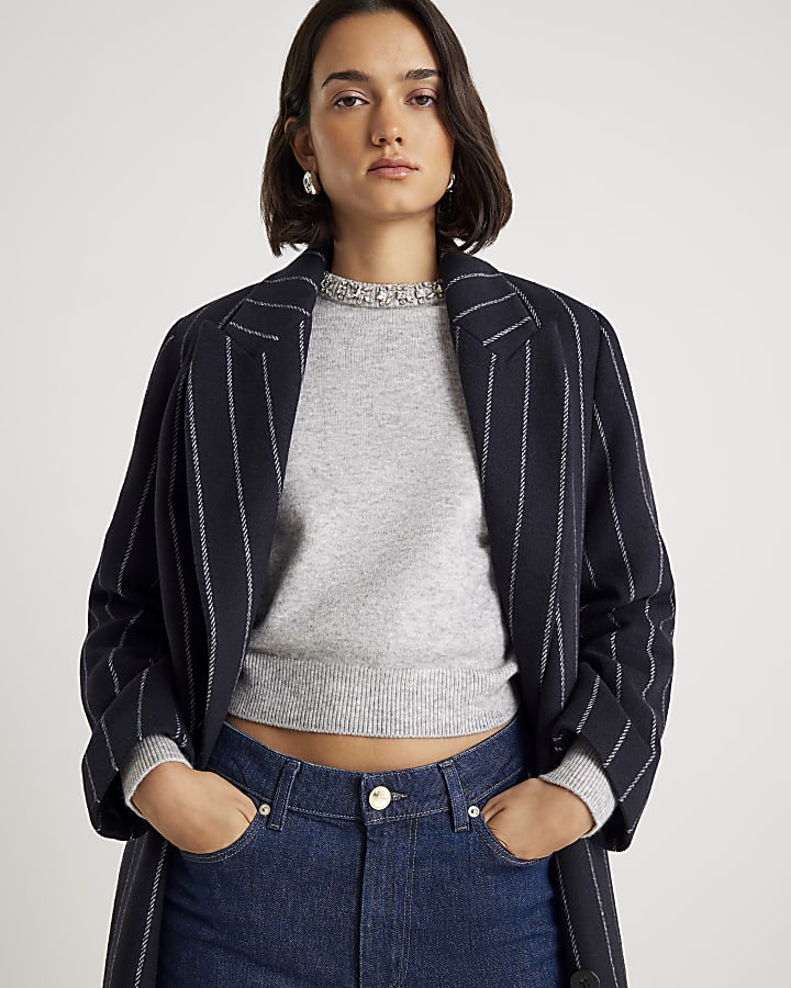 Grey Knitted Crew Neck Embellished Jumper