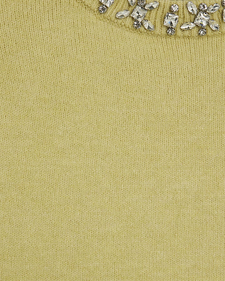Green Knitted Crew Neck Embellished Jumper