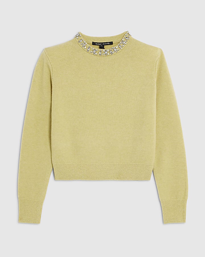 Green Knitted Crew Neck Embellished Jumper
