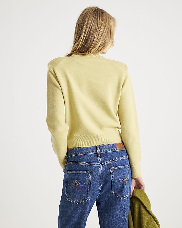 Green Knitted Crew Neck Embellished Jumper