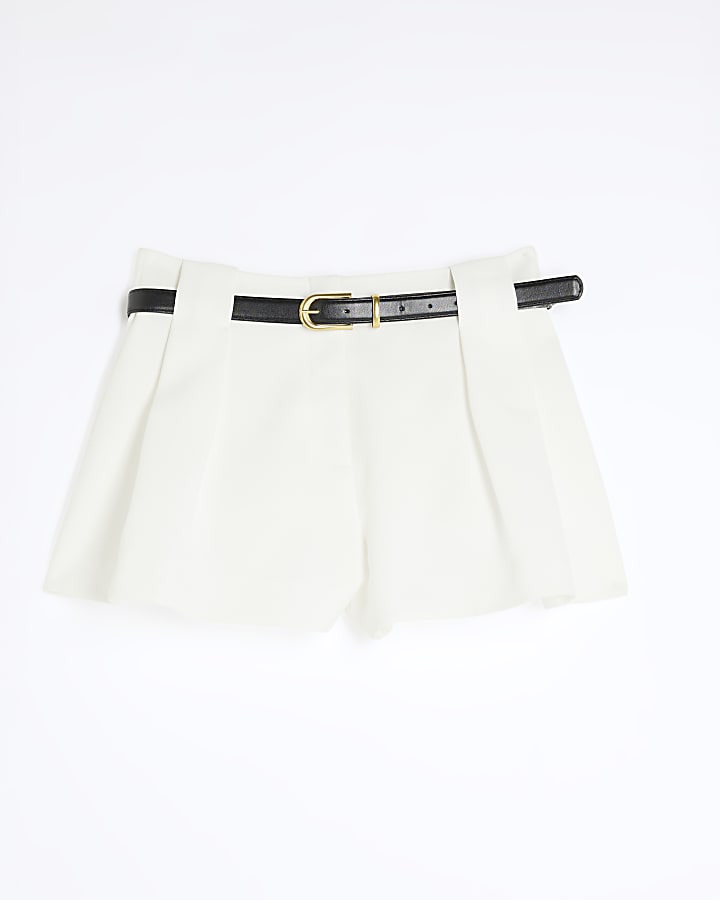 White Pleated Belted Shorts
