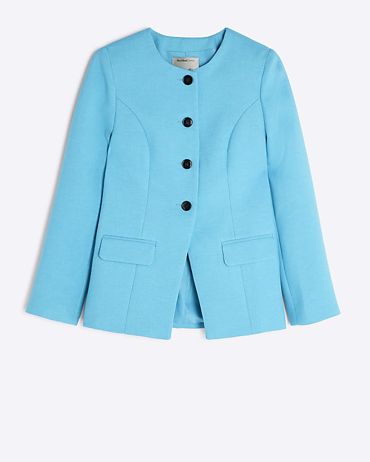 Blue Round Neck Fitted Blazer