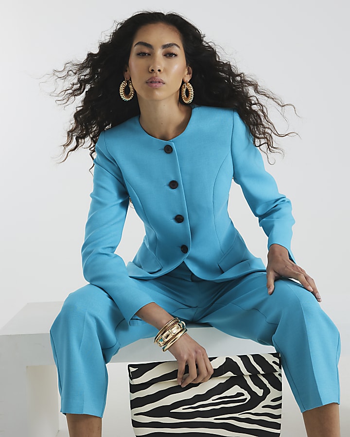 Blue Round Neck Fitted Blazer