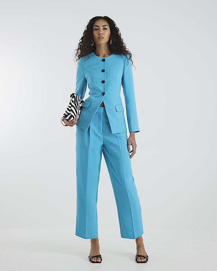 Blue Round Neck Fitted Blazer