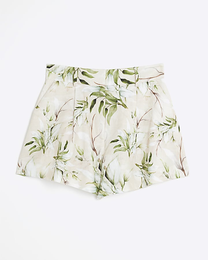 Cream Floral Linen Blend Shorts