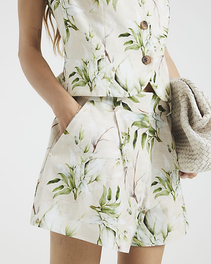 Cream Floral Linen Blend Shorts