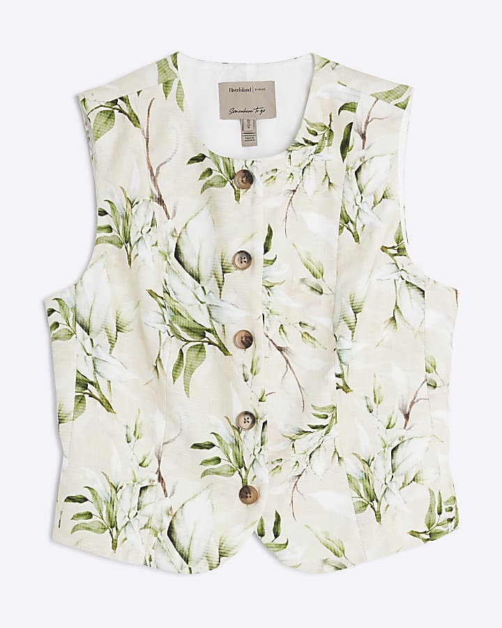 Cream Floral High Neck Fitted Waistcoat