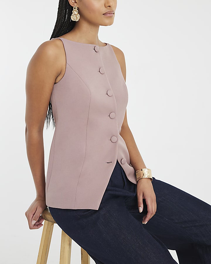 Brown High Neck Fitted Waistcoat
