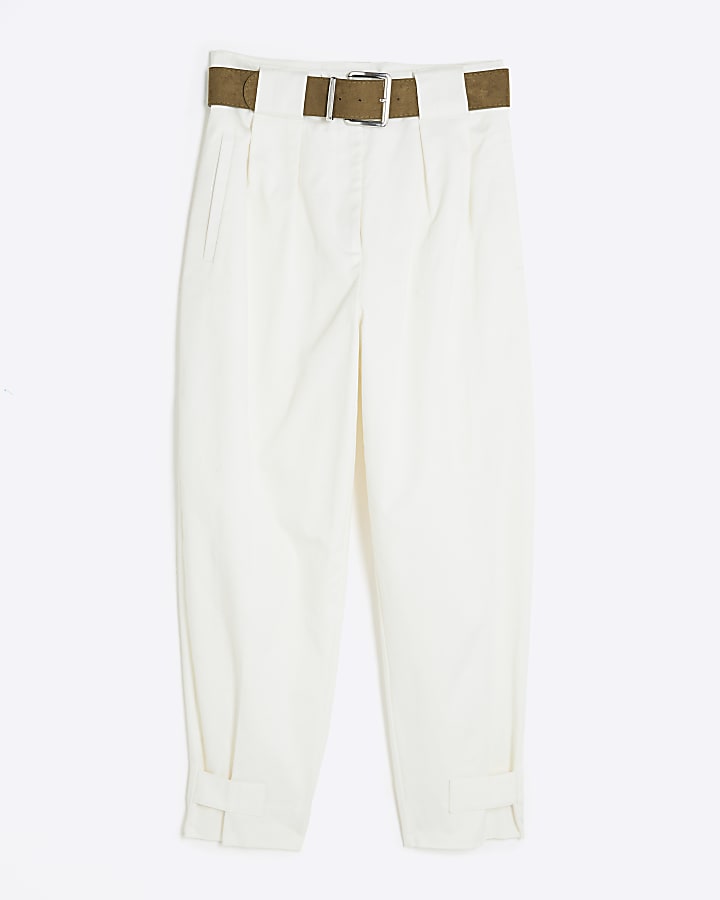 White Belted Utility Barrel Leg Trousers
