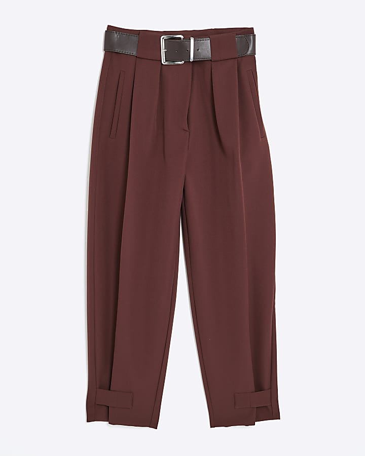 Brown Belted Utility Barrel Leg Trousers
