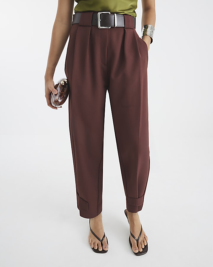 Brown Belted Utility Barrel Leg Trousers