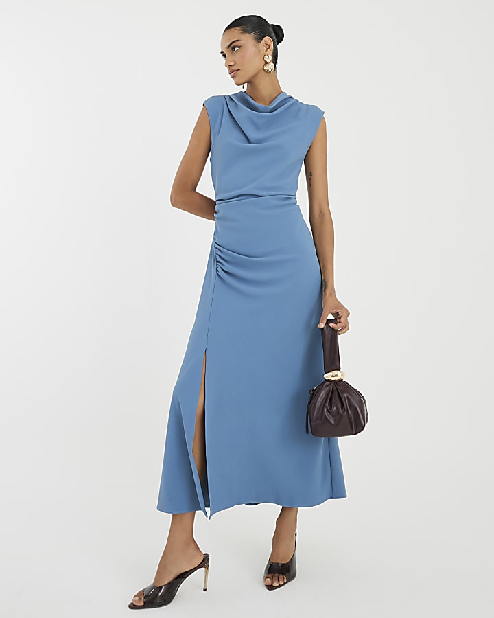 Blue Cowl Neck Sleeveless Midi Dress