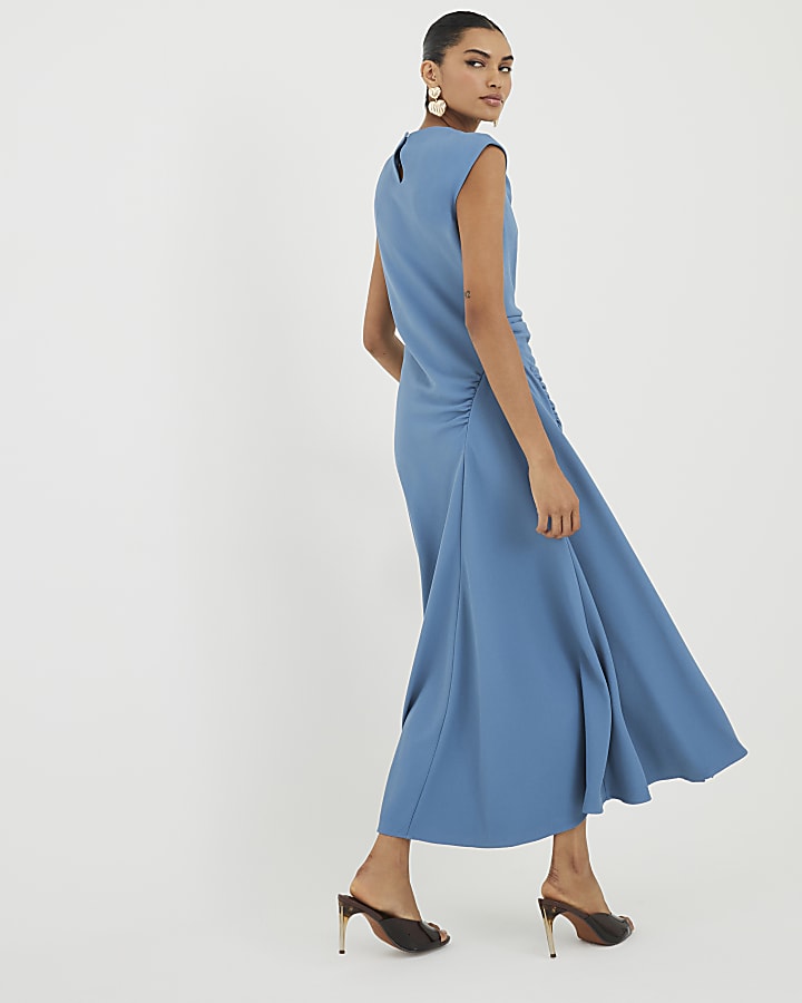 Blue Cowl Neck Sleeveless Midi Dress