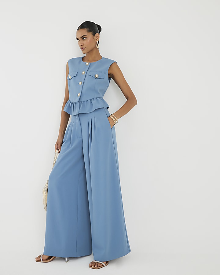 Blue Pleated Wide Leg Trousers