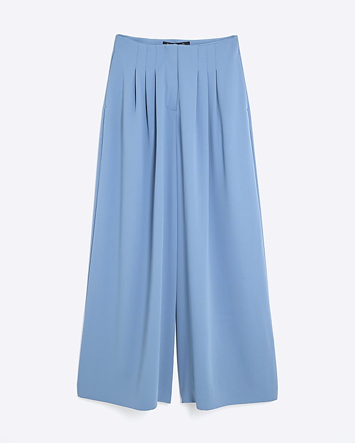 Blue Pleated Wide Leg Trousers