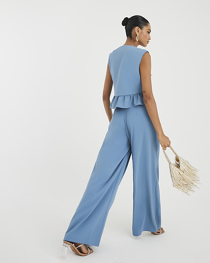 Blue Pleated Wide Leg Trousers