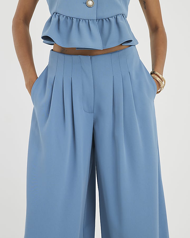 Blue Pleated Wide Leg Trousers
