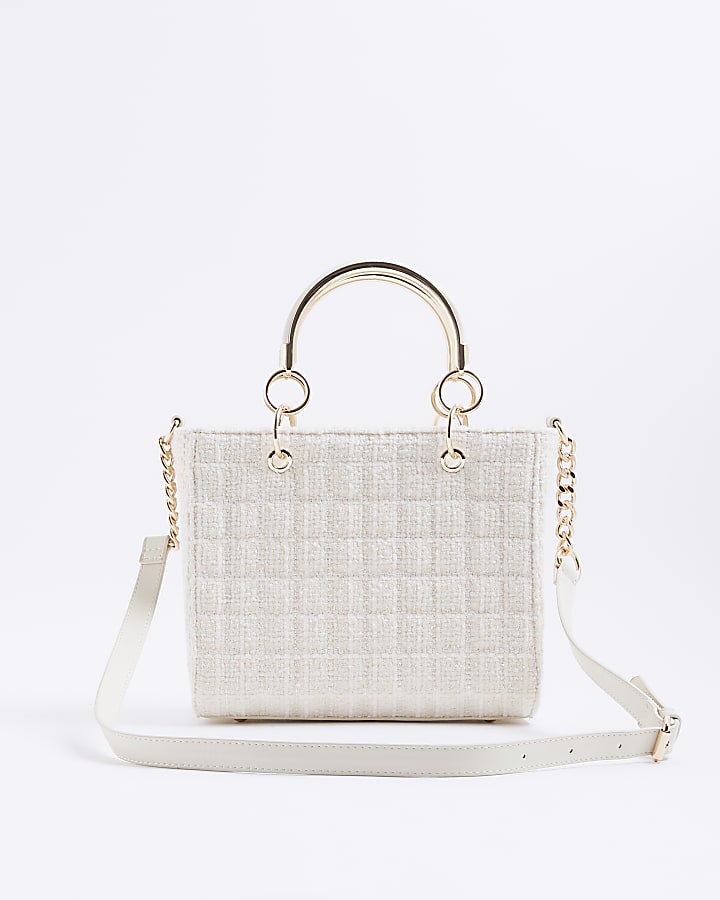 Cream Boucle Quilted Charm Tote Bag